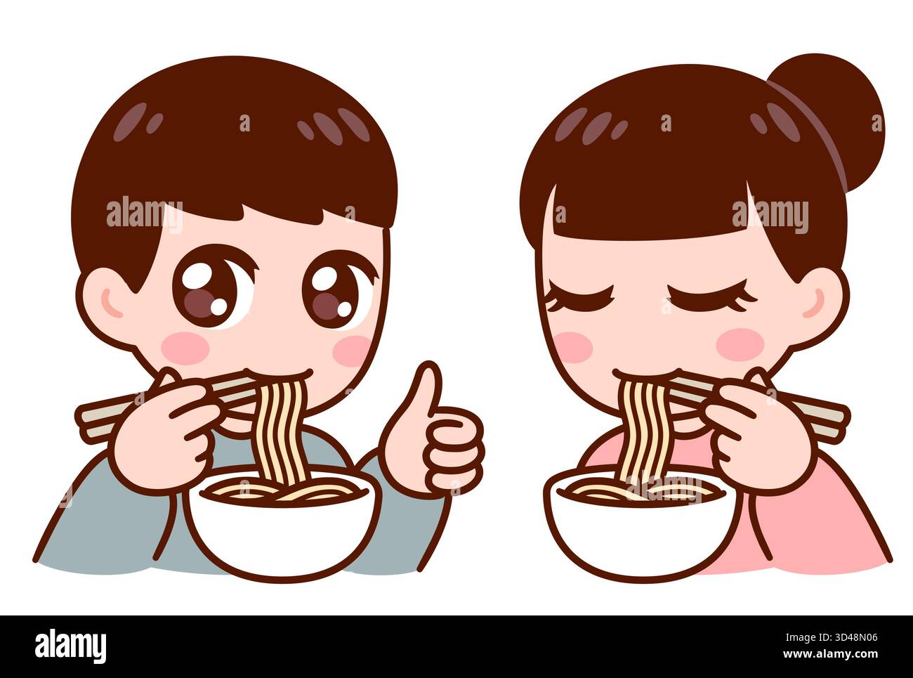 Kawaii Chibi style fille et garçon mangeant des nouilles avec des baguettes. Illustration de clip art vectoriel de personnages animés mignons. Illustration de Vecteur