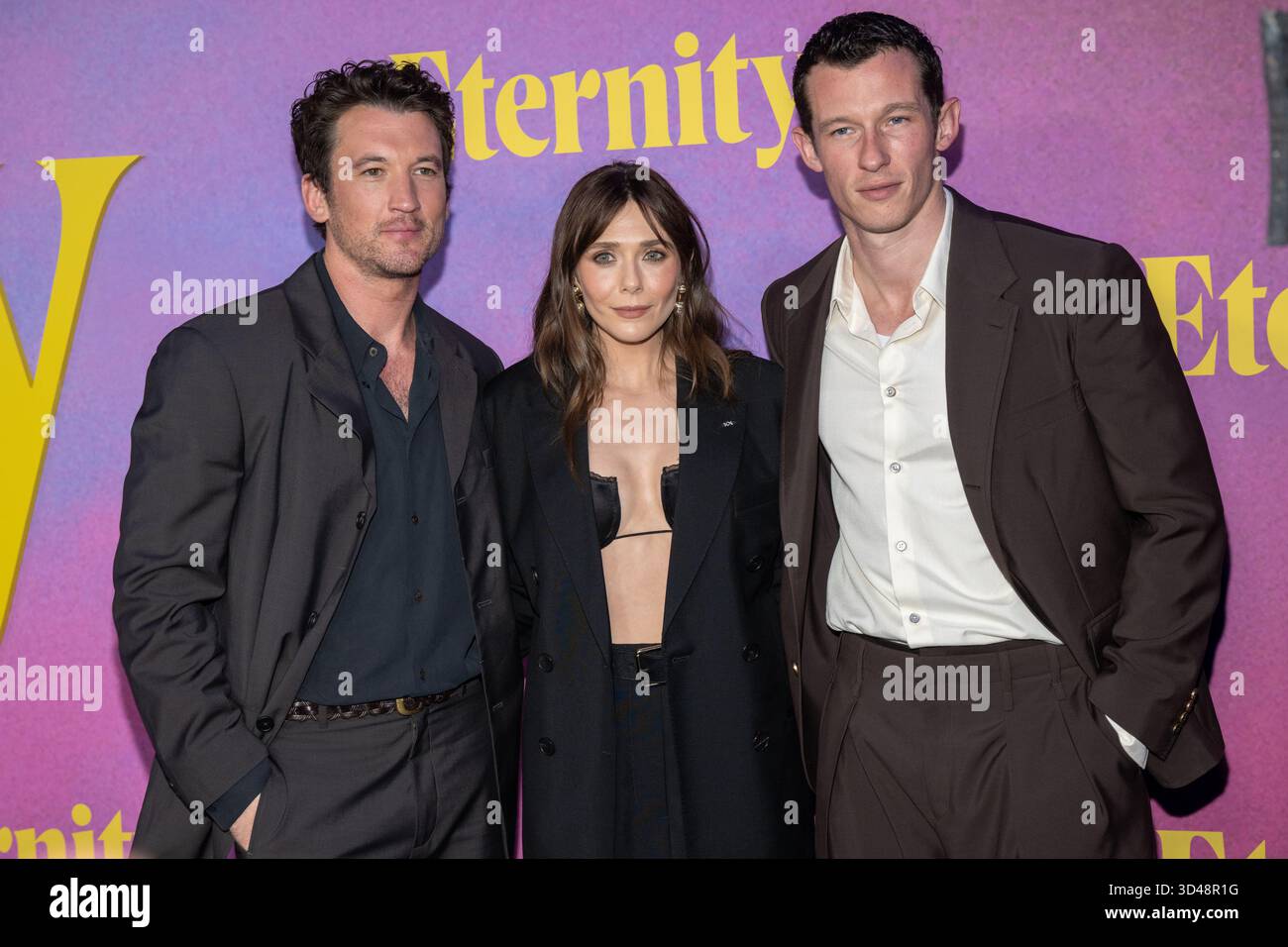 Miles Teller, Elizabeth Olsen et Callum Turner Banque D'Images