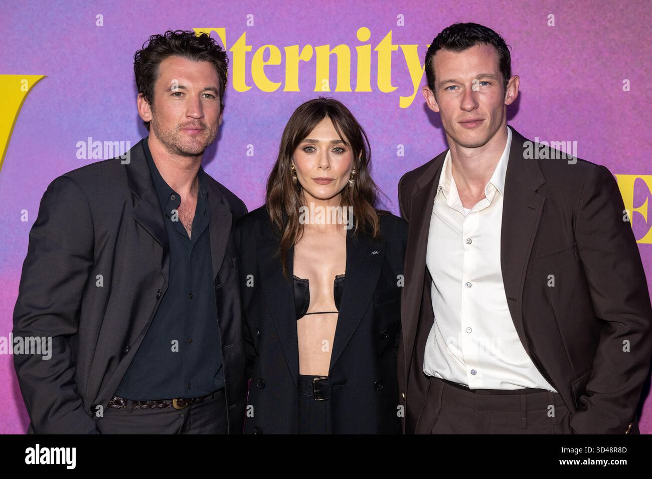 Miles Teller, Elizabeth Olsen et Callum Turner Banque D'Images