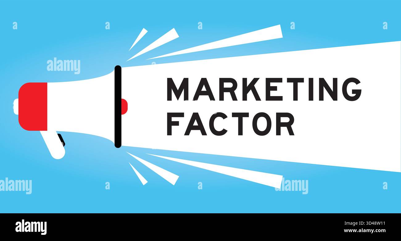 Icône de mégaphone de couleur avec facteur de marketing de mot dans la bannière blanche sur fond bleu Illustration de Vecteur