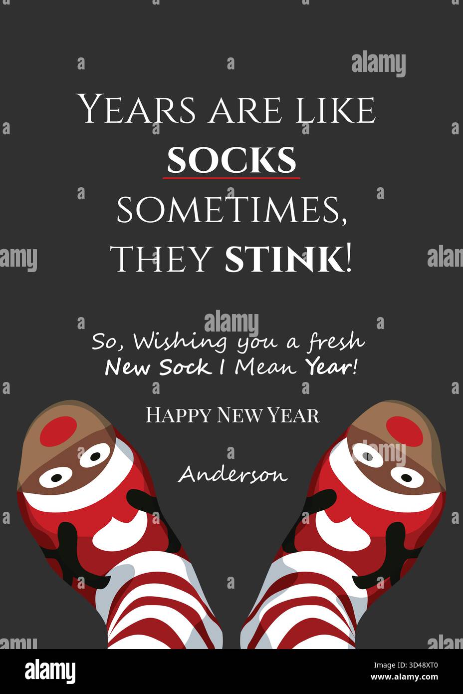 Salutation amusante du nouvel an avec chaussettes de renne et citation humoristique – les années sont comme des chaussettes parfois elles puent Illustration de Vecteur