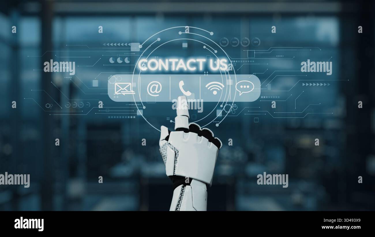 Une main robotisée fait des gestes vers des options de contact numérique comme le courrier électronique et le chat dans un environnement de bureau contemporain, symbolisant la communication moderne Banque D'Images