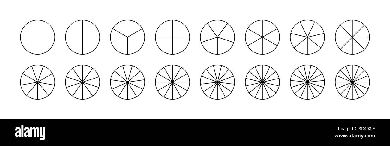 Pièces de la roue de diagramme de 1 à 16. Modèle de graphique circulaire. Encadrement vide. Graphiques segmentés. Diagrammes circulaires, ensembles de diagrammes de pizza. 16 cercles. Les secteurs se divisent Illustration de Vecteur