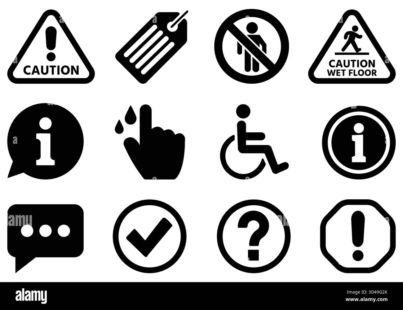 jeu d'icônes d'avertissement et de sécurité, ensemble de panneaux d'avertissement, ensemble de symboles d'information, éléments d'alerte de danger Illustration de Vecteur