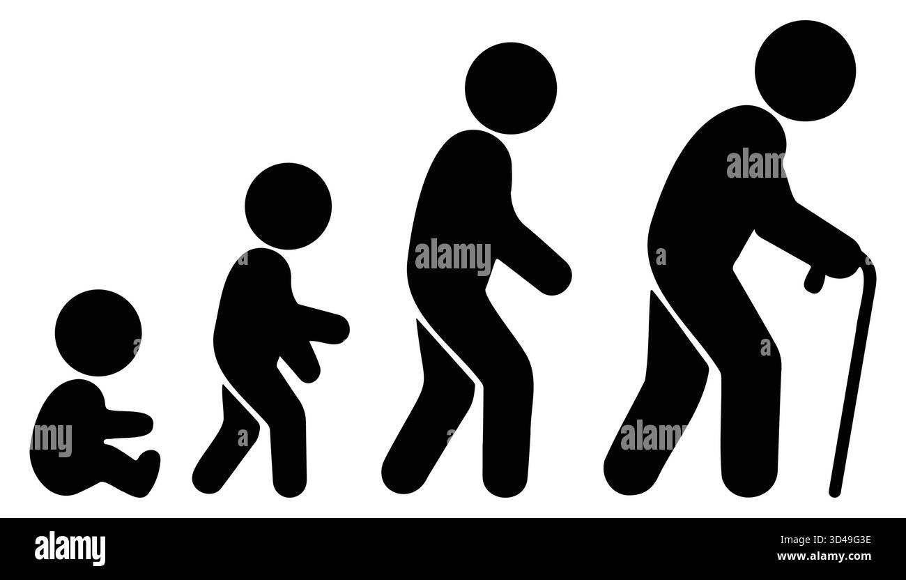 silhouette d'évolution humaine, figure des stades de croissance, chronologie de vieillissement de l'homme, conception d'icône d'évolution Illustration de Vecteur