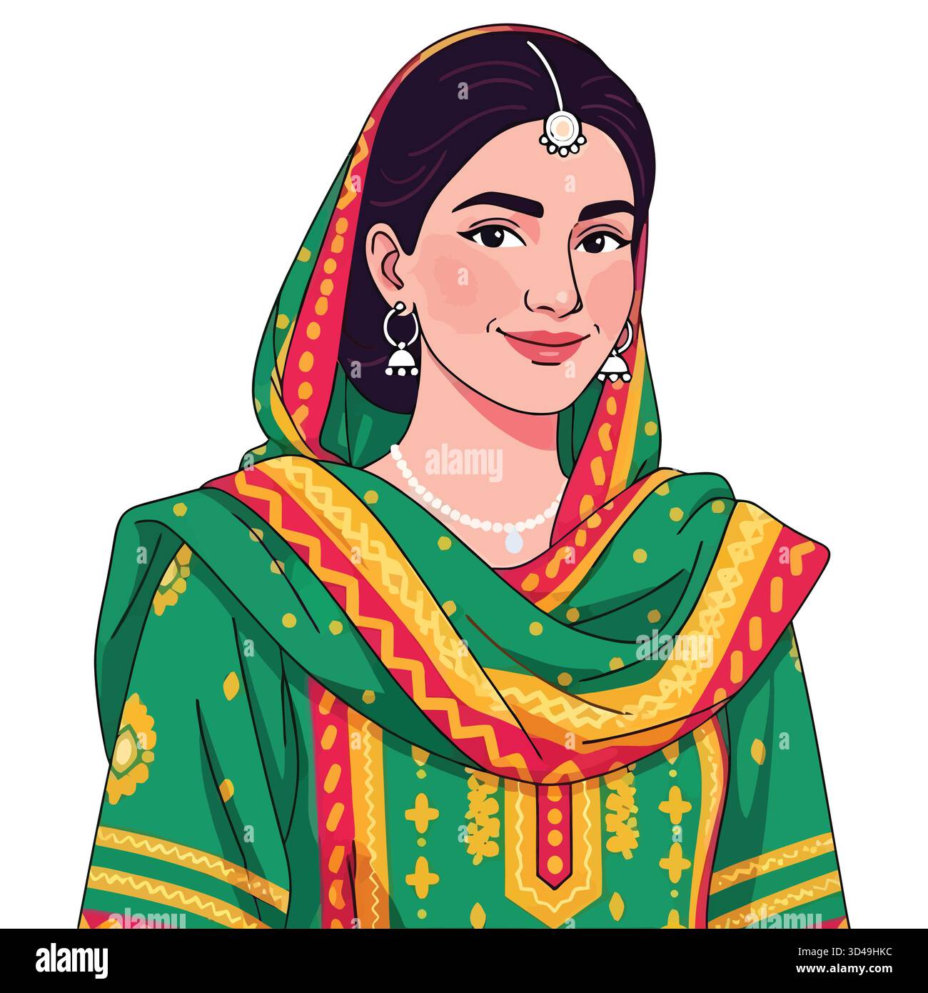 Illustration d'une femme en tenue traditionnelle pendjabi avec bijoux et Dupatta Illustration de Vecteur
