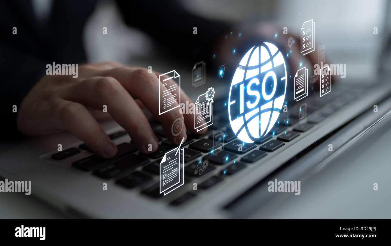 Concept de certification ISO pour la gestion de la qualité des entreprises. Cette norme internationale garantit la conformité, le contrôle des processus et l'assurance pour Banque D'Images