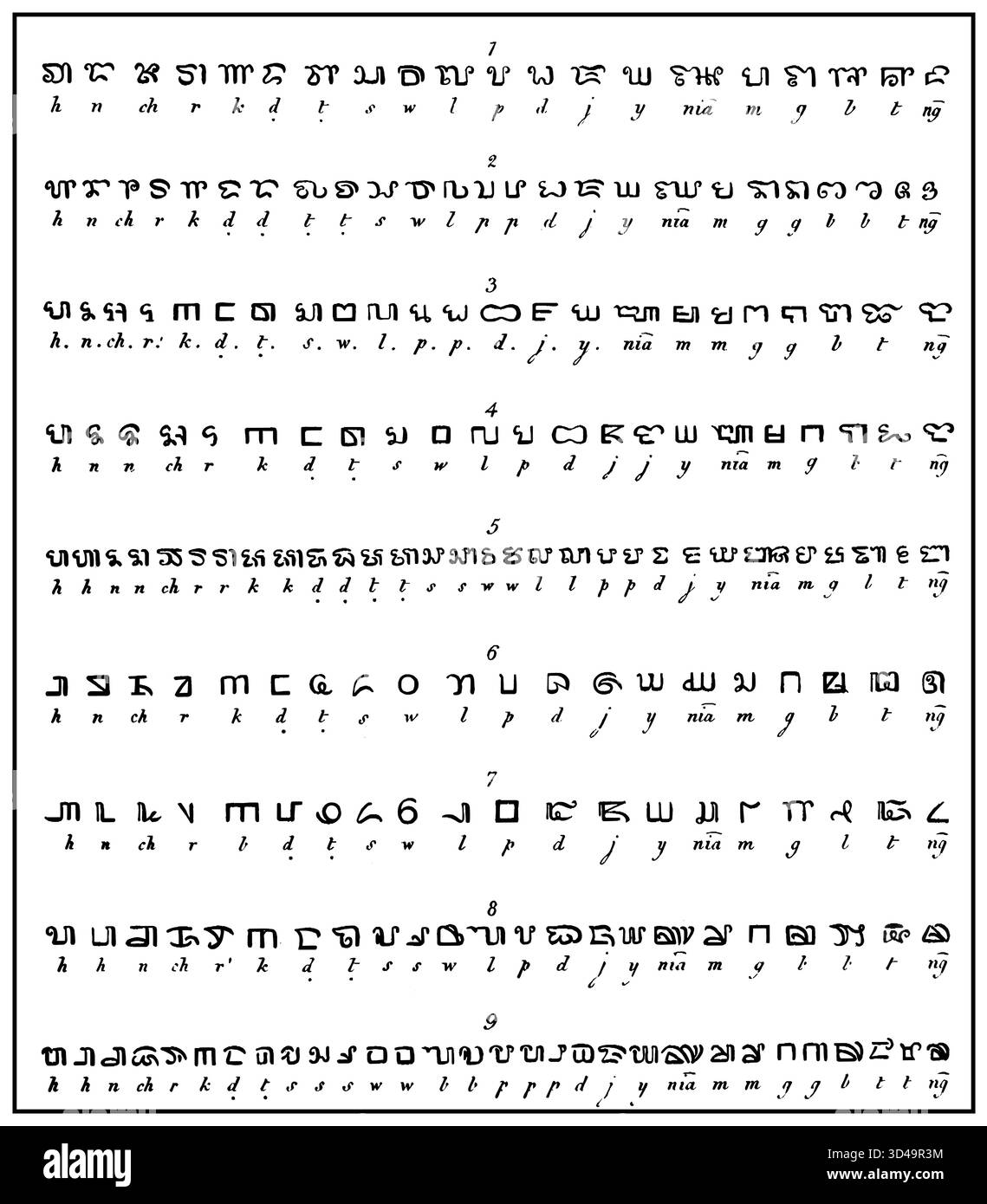 Variantes de forme de l'écriture Kawi ou du Vieux Javanes, une écriture brahmique trouvée principalement à Java, Indonésie, Asie Banque D'Images