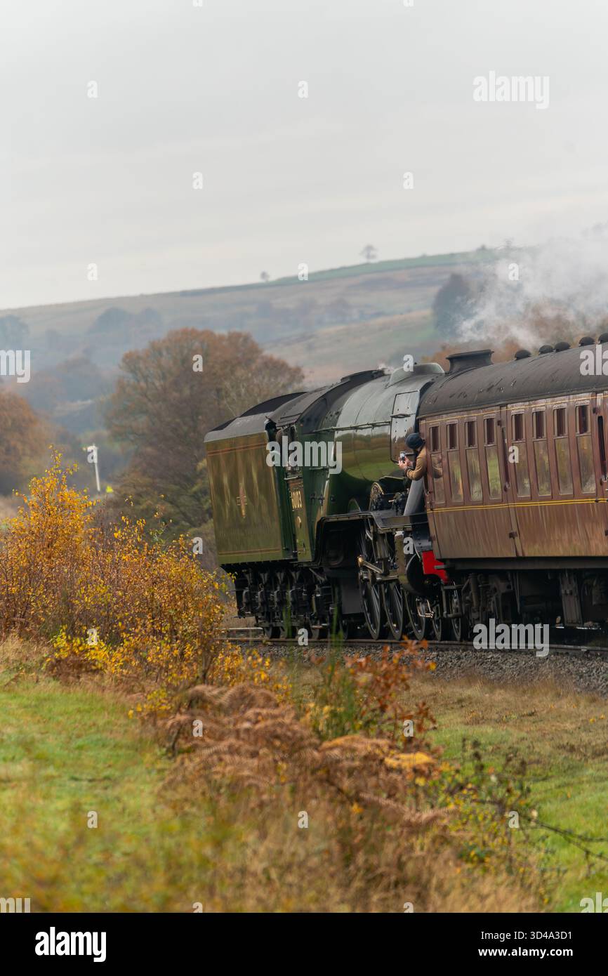 Locomotive à vapeur Scotsman volante dans la campagne d'automne, North Yorkshire Moors Railway Banque D'Images