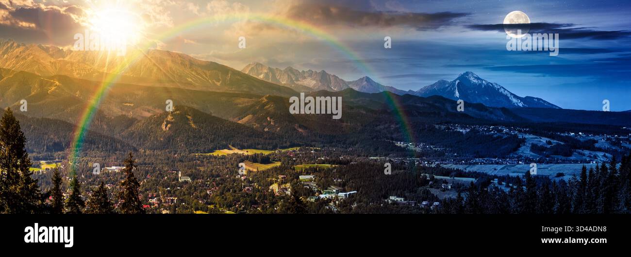 Panorama de la chaîne de montagnes sur le solstice d'été. concept de changement de jour et de nuit. village dans la vallée avec soleil et lune. nuages sur le ciel et rolli Banque D'Images