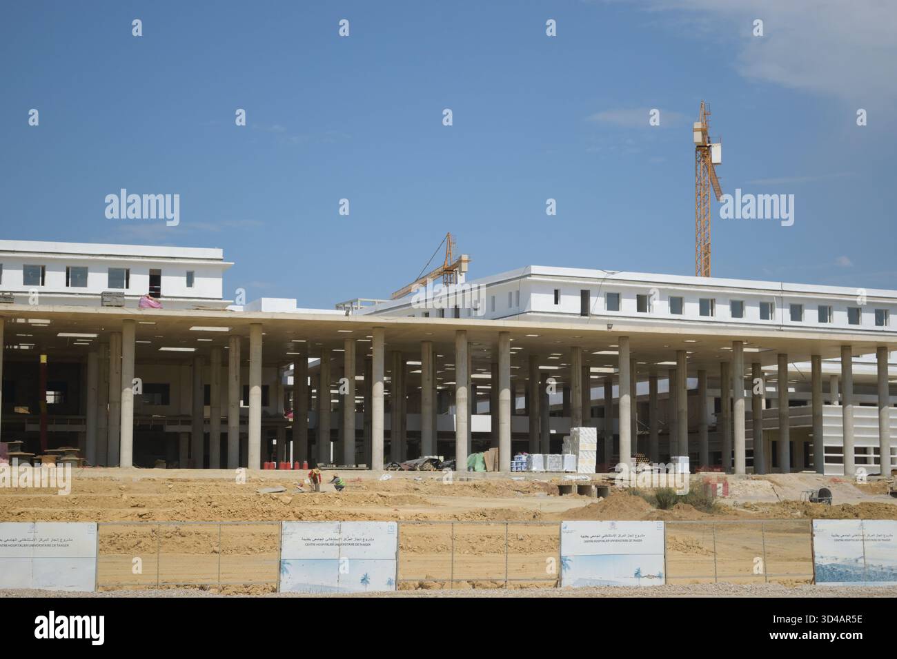bâtiment moderne en construction, caractérisé par une série de colonnes hautes et minces soutenant les étages supérieurs, avec des grues et des matériaux de construction Banque D'Images