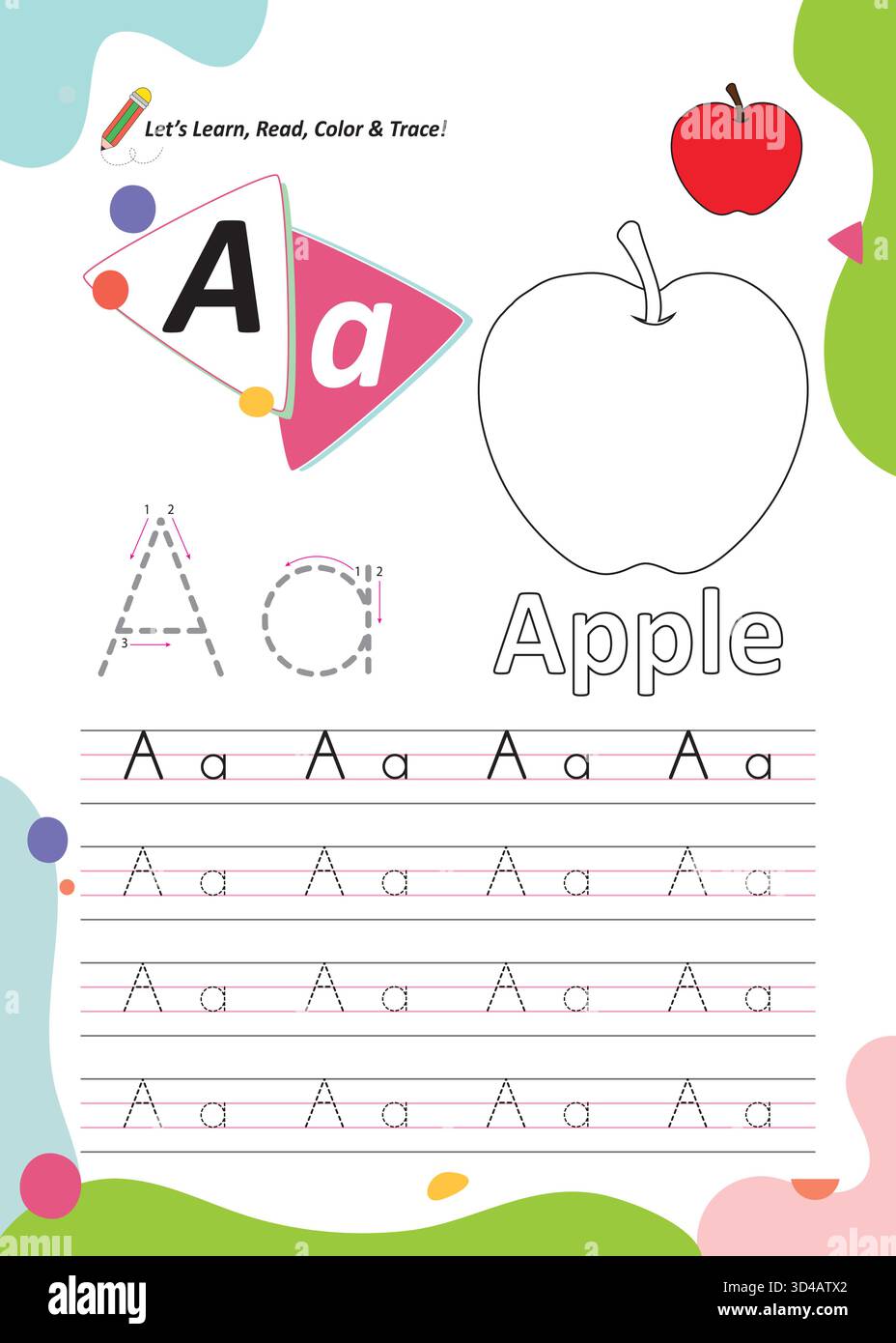Lettre alphabétique Une feuille de pratique d'apprentissage, de coloriage et d'écriture pour les enfants Illustration de Vecteur
