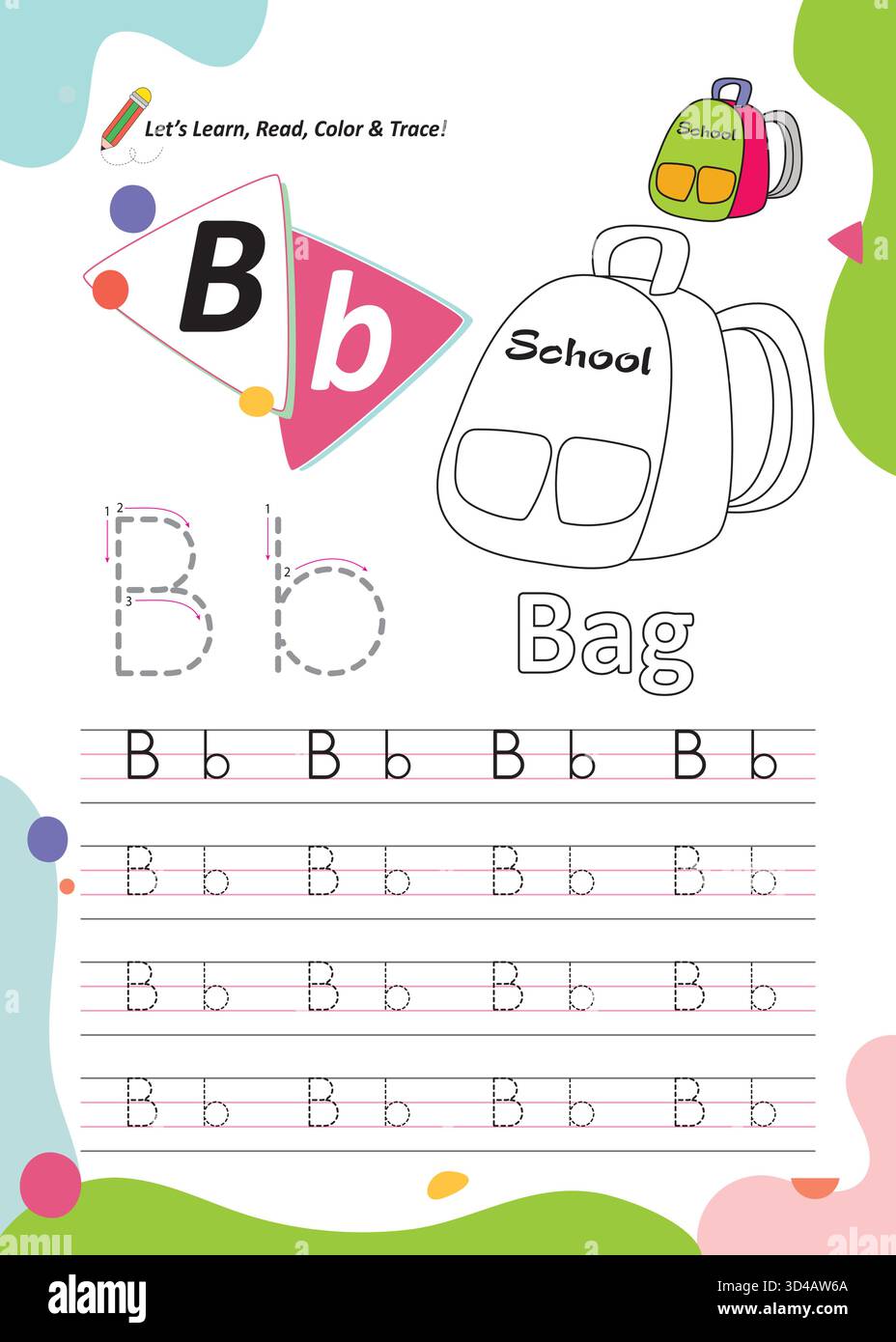 Lettre B feuille de travail de traçage pour enfants – apprentissage de l'alphabet, lecture, coloriage et écriture page Illustration de Vecteur