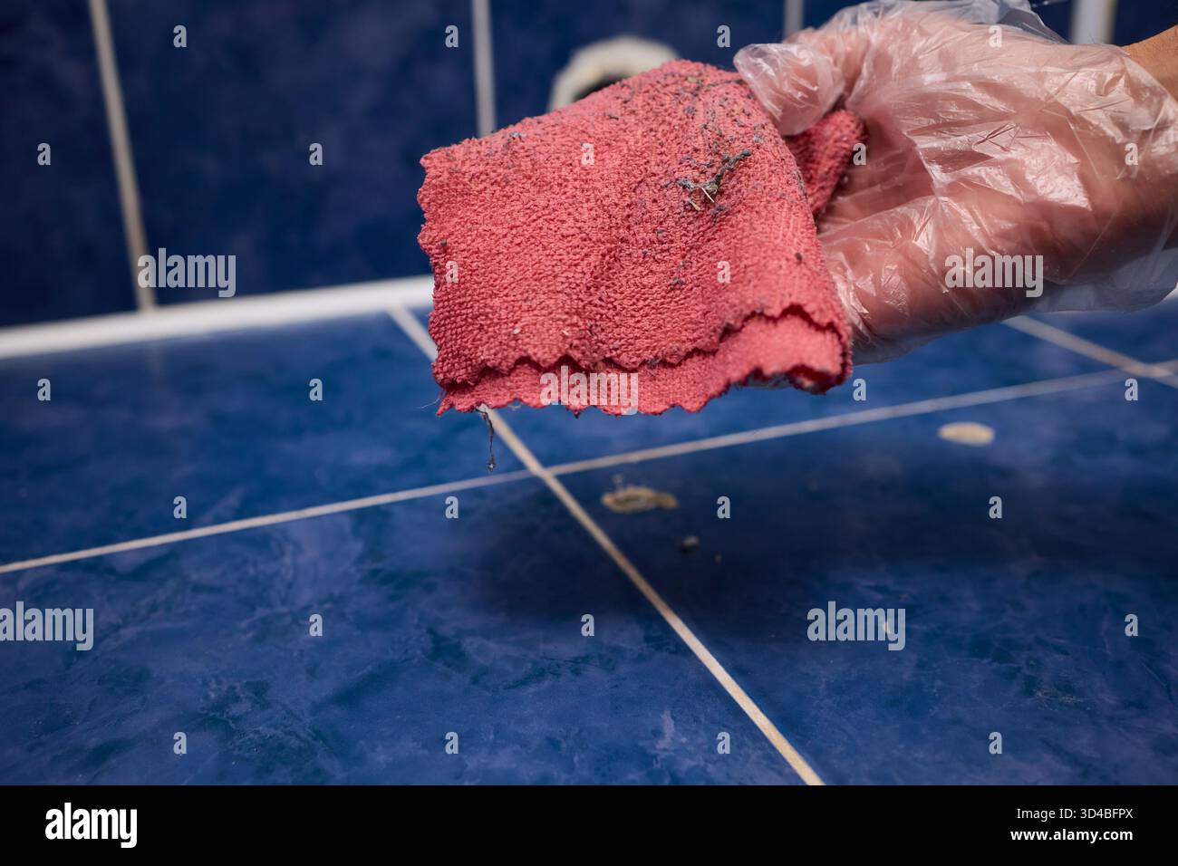 Nettoyage en douceur des carreaux, essuyage soigneux des carreaux, nettoyage en douceur des carreaux de céramique avec des chiffons doux, nettoyage de routine implique un essuyage délicat Banque D'Images