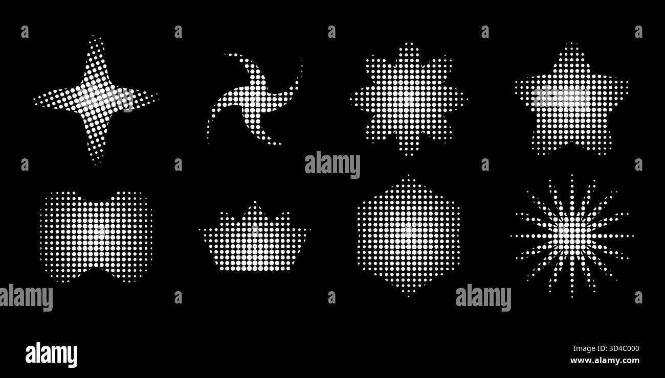 Ensemble de formes tendances blanches avec texture pointillée, demi-teinte ou grain isolé sur fond noir. Étoiles abstraites pixelisées et formes de soleil, de fleurs et de couronnes. Illustration graphique vectorielle. Illustration de Vecteur
