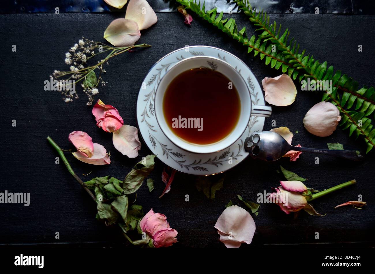 Une nature morte florale sombre et sombre avec une tasse de thé en porcelaine remplie de thé foncé riche, entourée de délicats pétales de rose et de rose blush, flux séché Banque D'Images