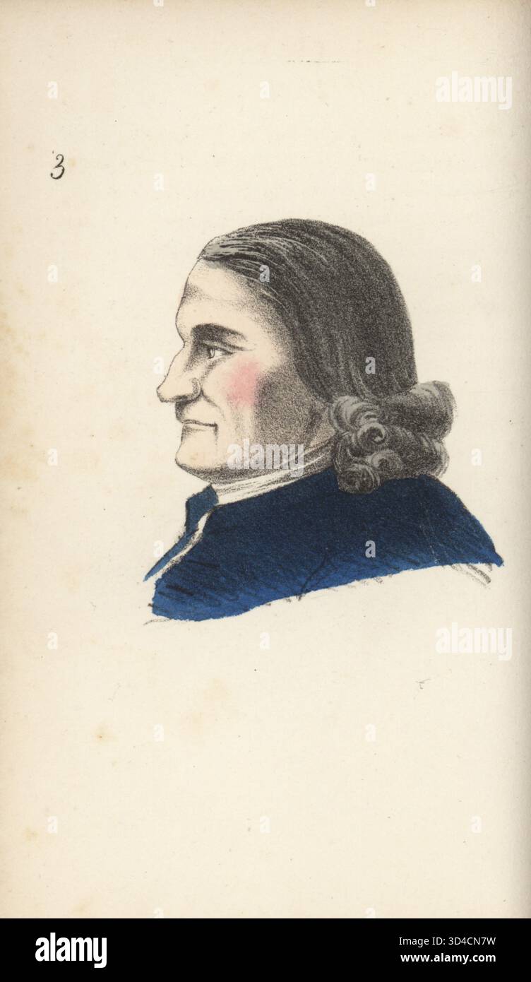 Visage d'un homme raffiné et bienveillant. Profil d'un homme aux cheveux longs, un menton triangulaire montrant un esprit fort, bouche à lèvres minces d'un homme diligent et ordonné. Lithographie colorée à la main tirée du Lavater portatif, ou precis de l'art de connaitre les hommes par les traits du visage, portable Lavater, par le physionomiste, écrivain et théologien suisse Johann Kaspar Lavater, chez les marchands de Nouveautes, Paris, 1836. Banque D'Images