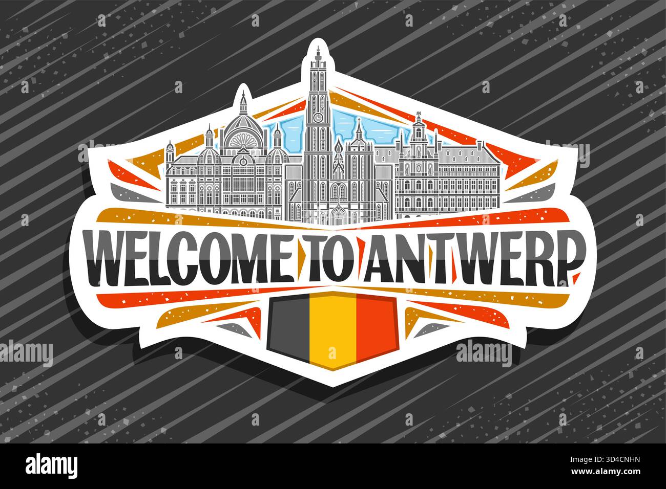 Logo vectoriel pour Anvers, étiquette de papier coupé décoratif avec illustration détaillée du paysage de ville panoramique d'anvers sur fond de ciel de jour, frige de conception d'art Illustration de Vecteur