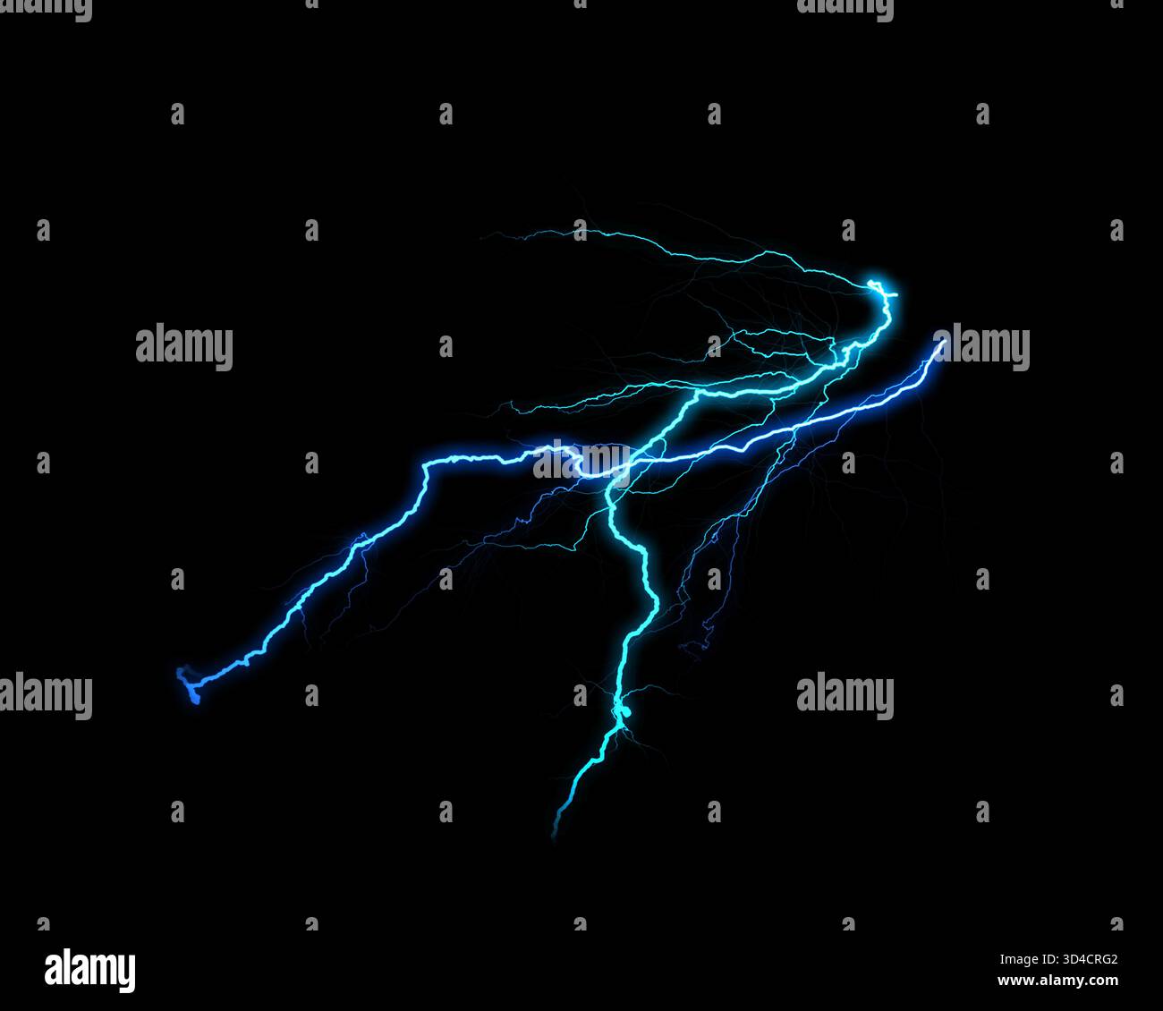 Les arcs électriques bleu vif et sarcelle illuminent un vide sombre, mettant en valeur une énergie puissante et une décharge électrique dynamique. Banque D'Images