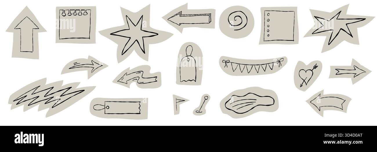 Ensemble d'éléments de scrapbook et de collage funky. Griffonnages dessinés à la main, découpes en papier artisanal déchiré et croquis colorés au crayon dans un style vectoriel artistique naïf. Illustration de Vecteur