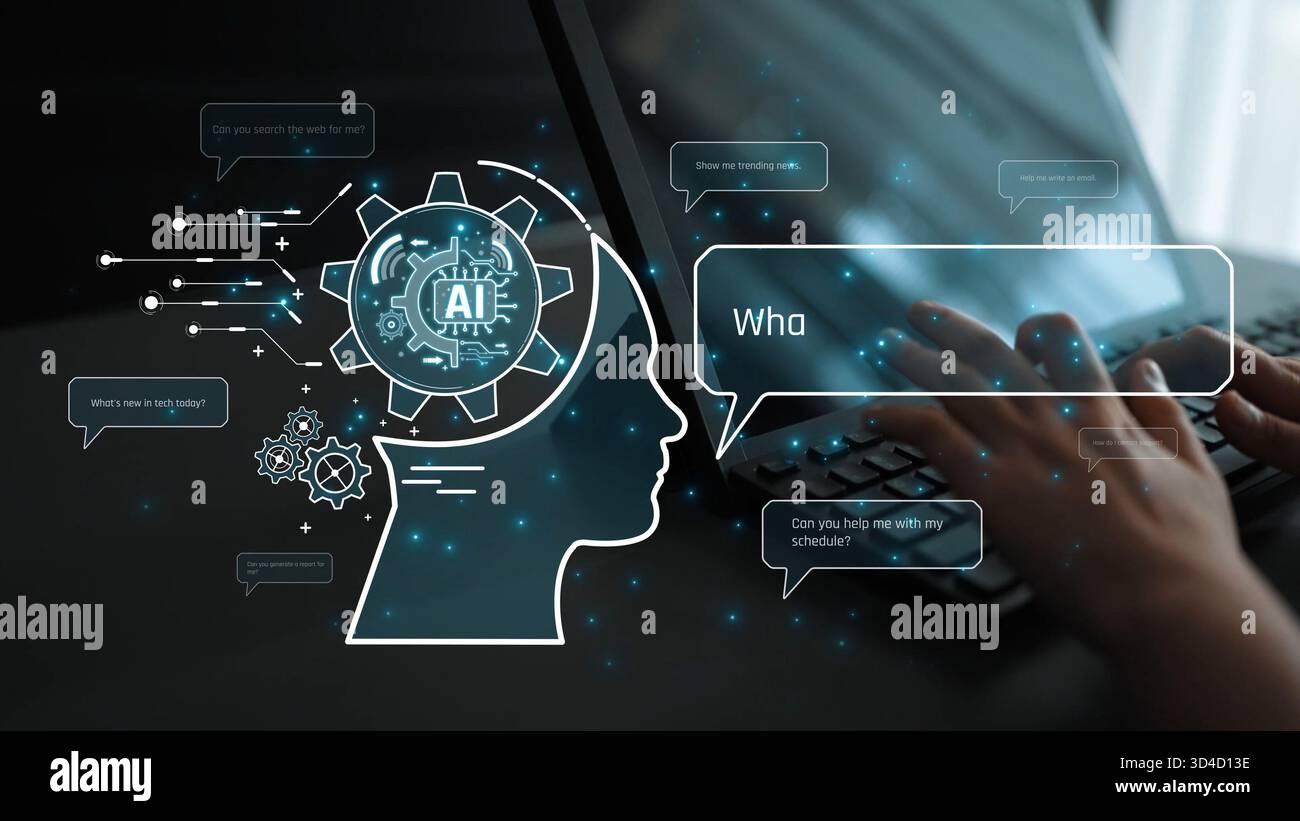 L'assistant ai conversationnel améliore l'interaction chatbot. L'assistant AI prend en charge les requêtes, les réponses instantanément, l'assistant ai améliore l'expérience et l'IA Banque D'Images