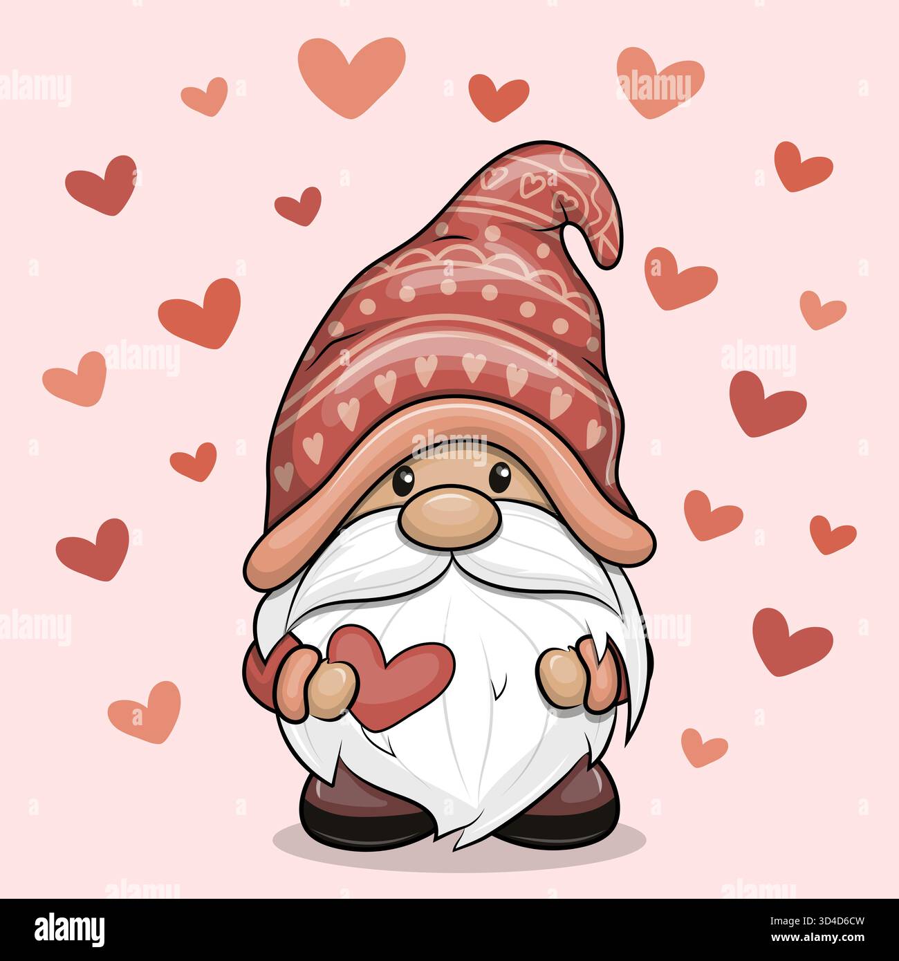 Mignon dessin animé Gnome avec des coeurs. Illustration vectorielle d'un homme nain sur fond rose avec des coeurs rouges. Illustration de Vecteur
