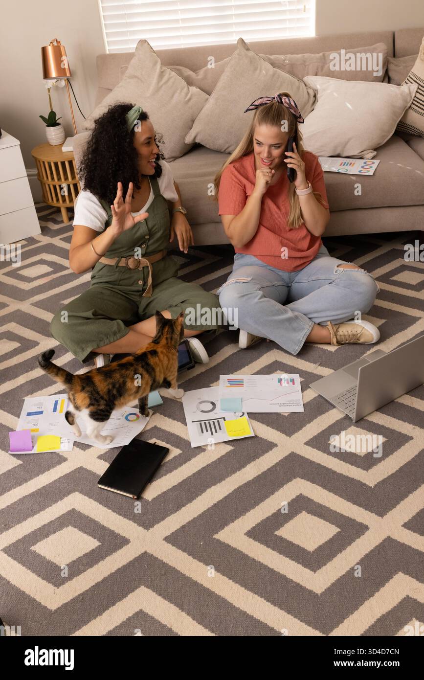 Collaborer diverses amies féminines travaillant sur des graphiques sur tapis de salon, avec ordinateur portable ouvert et chat Banque D'Images