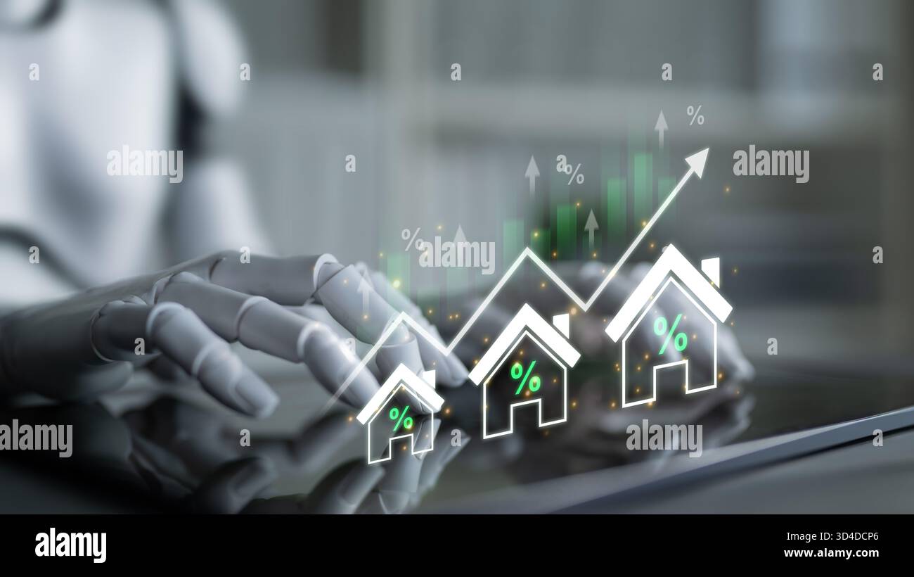 Un assistant IA analyse le marché immobilier et prédit les tendances des prix des logements. Ce système intelligent prévoit l'appréciation de la valeur de la propriété Banque D'Images