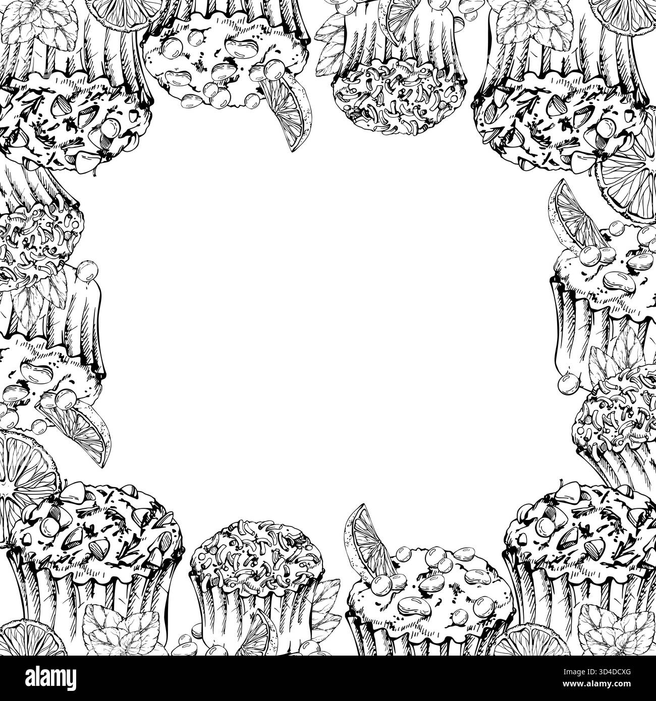 Cupcake givré avec dragées au chocolat, garniture de menthe et sucre saupoudrer de glaçage sur les muffins à l'encre vectorielle. Illustration isolée dessinée à la main pour le coin Illustration de Vecteur