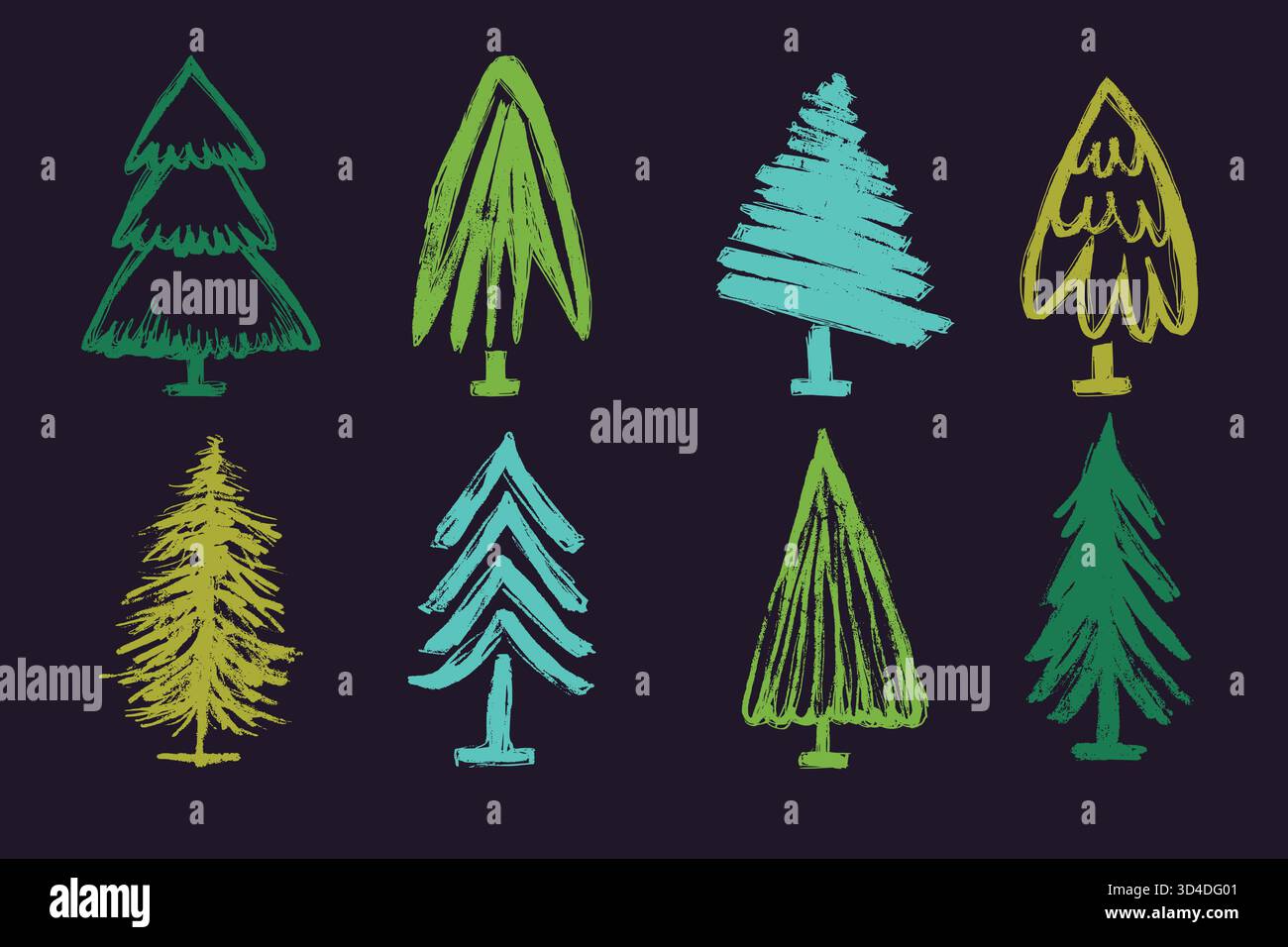 Arbres de Noël colorés dessinés à la main dans le style de peinture Grunge sur fond sombre. Ensemble Urban Doodle Evergreen avec silhouettes de pin abstraites. Hiver Illustration de Vecteur