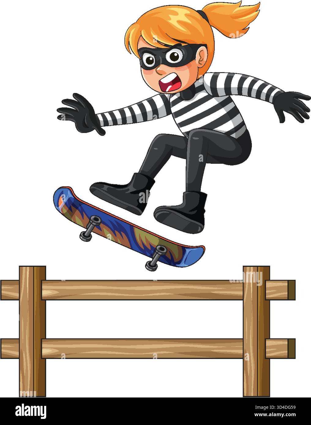 La fille masquée de dessin animé saute skateboard sur une clôture en bois, des couleurs vives, une illustration vectorielle propre Illustration de Vecteur