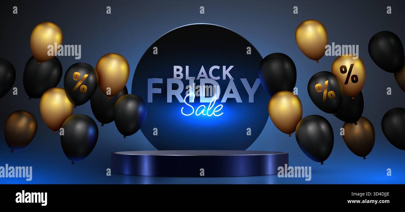 Bannière de soldes du vendredi fou avec podium de présentation des produits et ballons festifs. Un arrière-plan de promotion élégant. Illustration vectorielle Illustration de Vecteur