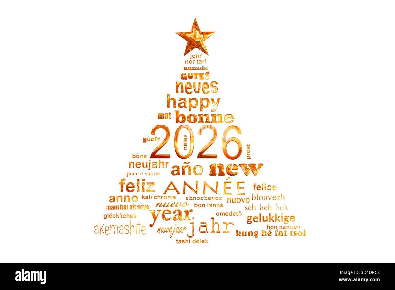 carte de voeux nuage de mots de texte multilingue du nouvel an 2026 en forme d'arbre de noël isolé sur fond blanc Banque D'Images