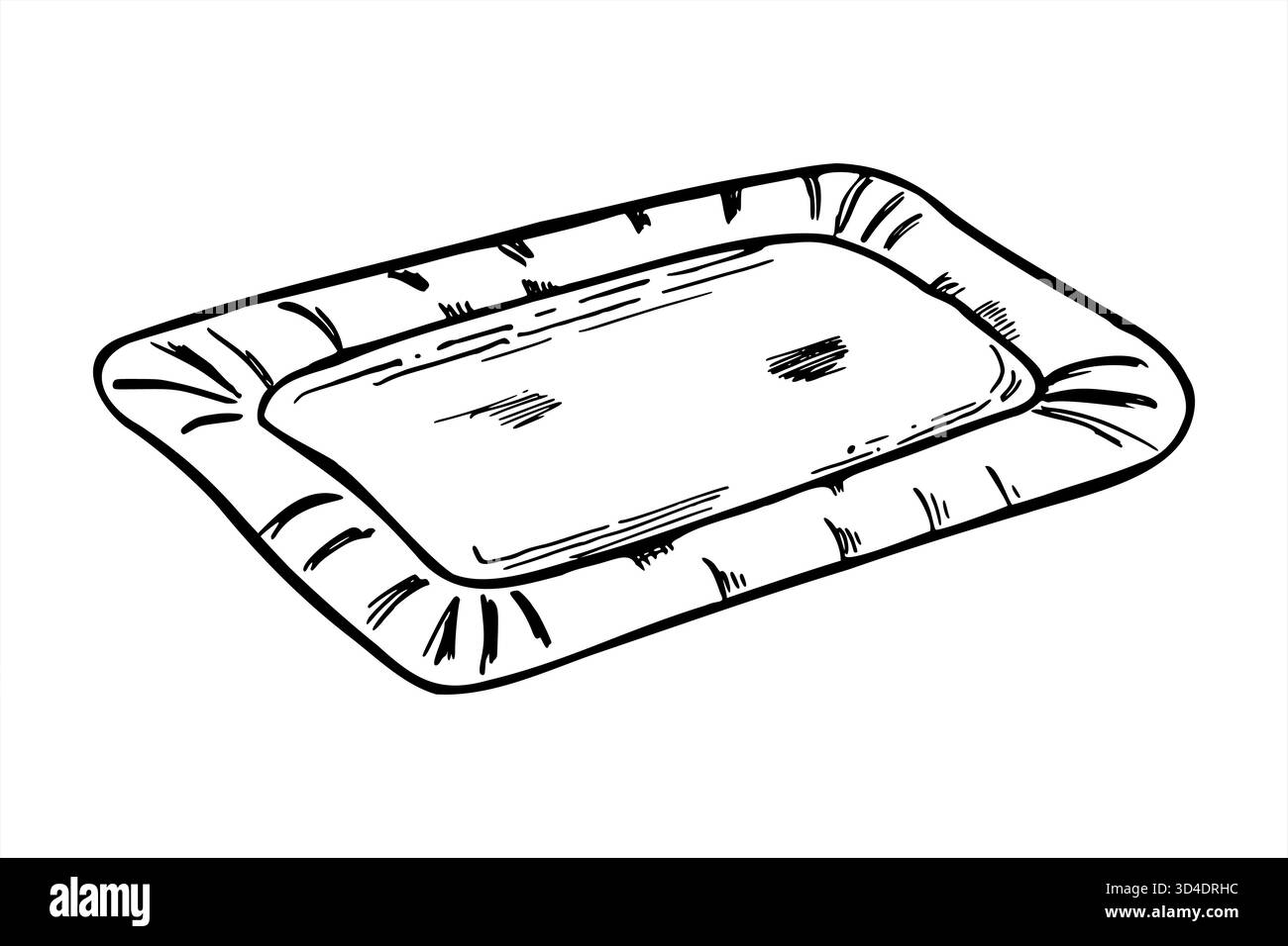 Illustration isolée de plaque de papier blanc rectangulaire jetable vectorielle peinte par des encres noires. Croquis graphique de plateau alimentaire vierge. Modèle de package à emporter Illustration de Vecteur