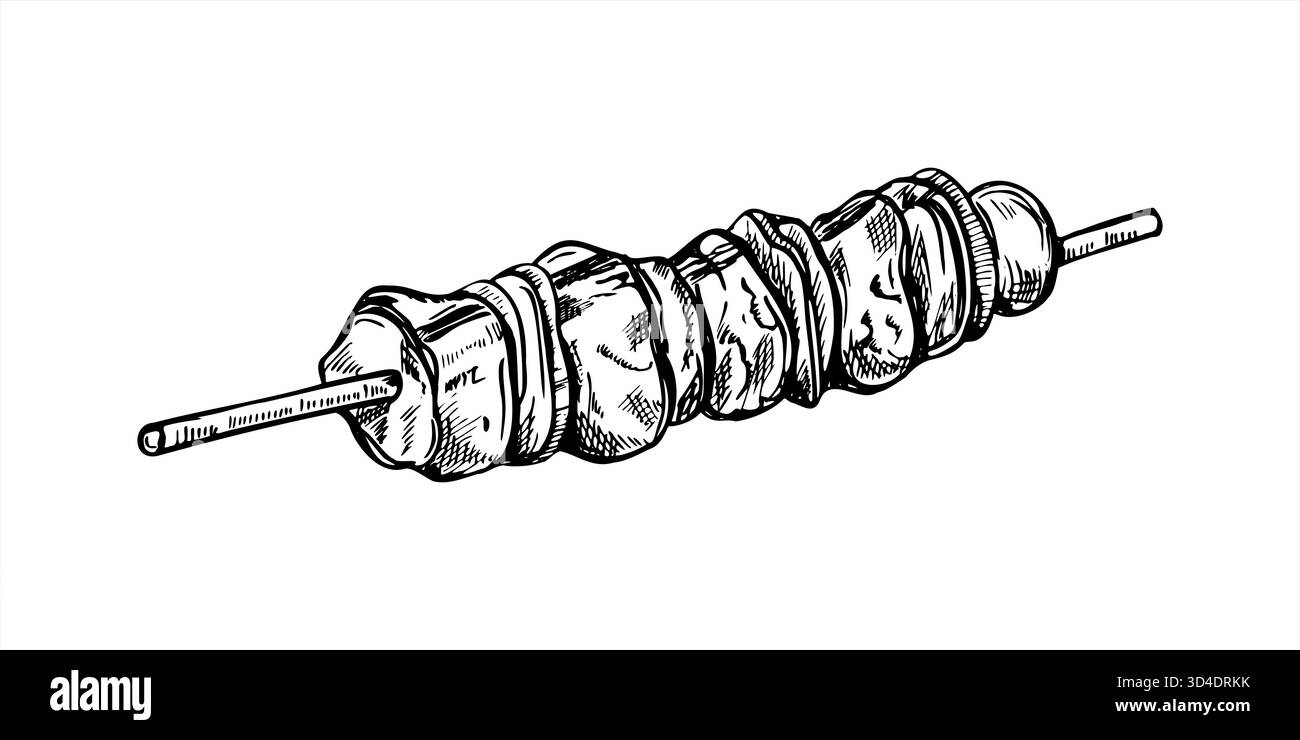 Morceaux de viande frits vectoriels monochromes sur croquis à l'encre noire d'art de ligne de brochette en bois. Dessin à la gravure de bœuf grillé ou de shashlik de poulet pour les menus BBQ Illustration de Vecteur