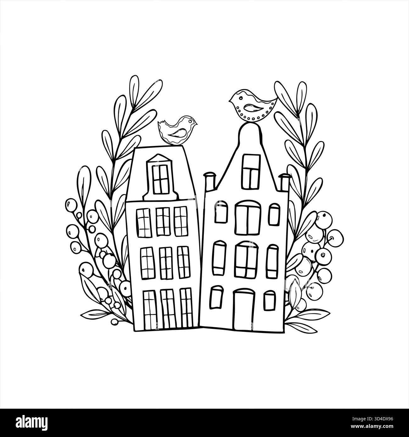 Maisons européennes décorées avec des oiseaux et des plantes vecteur illustration isolée peinte par des encres noires. Silhouettes de ville parmi les motifs de feuillage printanier Illustration de Vecteur