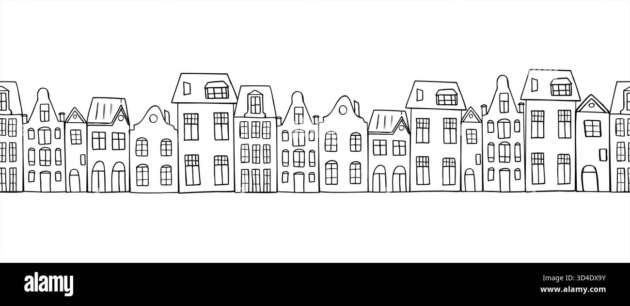Vieille rue avec des maisons dans le style Amsterdam bannière sans couture peinte par des encres noires. Vecteur monochrome européen divers bâtiments modèle horizontal. Illustration de Vecteur