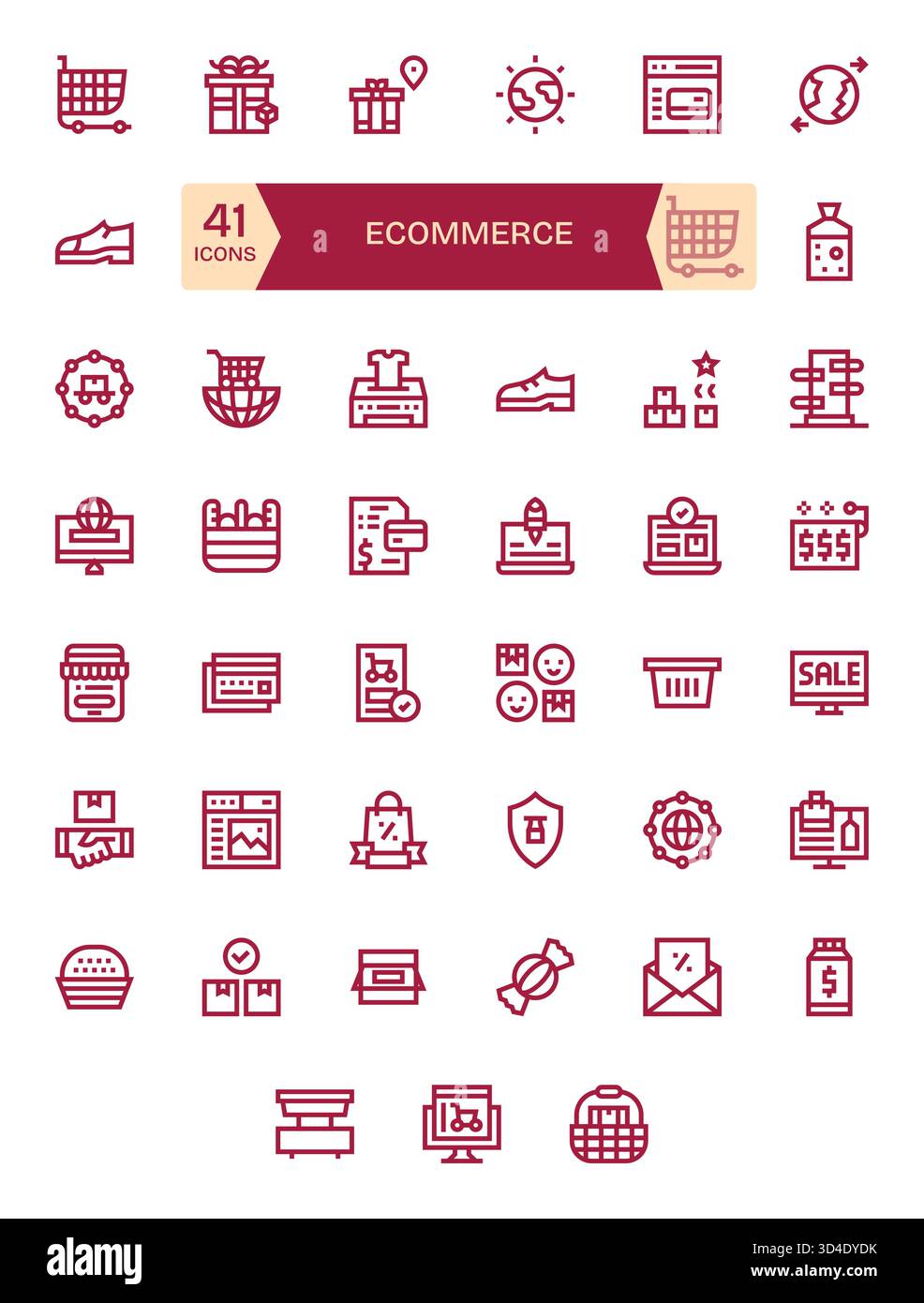 Communiquez en un coup d'œil avec 41 icônes Bold Line qui représentent le commerce électronique, aligné sur la grille et soigné. Illustration de Vecteur