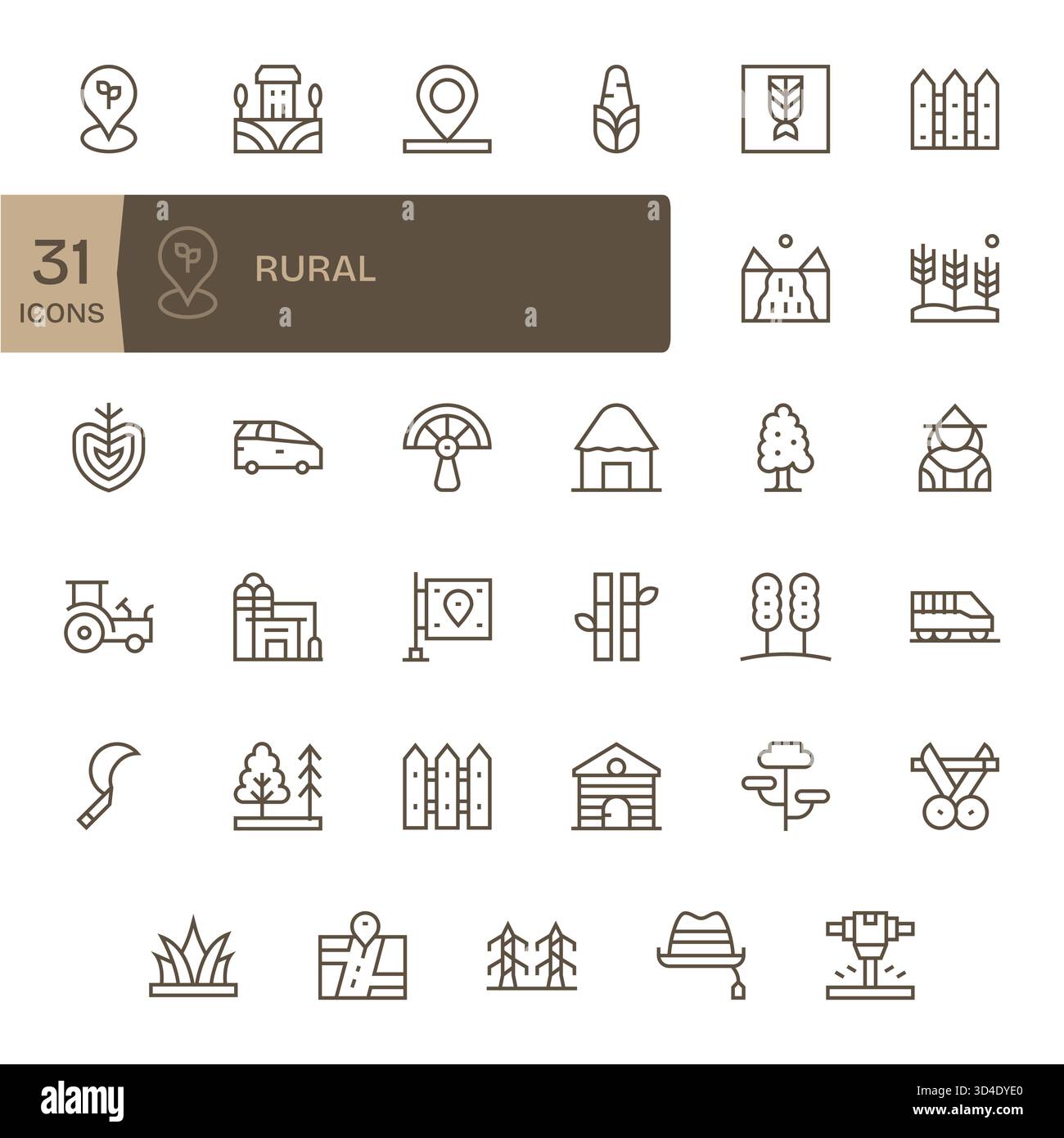 Cet ensemble de 35 icônes Regular Line capture des thèmes ruraux, parfaits pour les applications technologiques et commerciales. Illustration de Vecteur