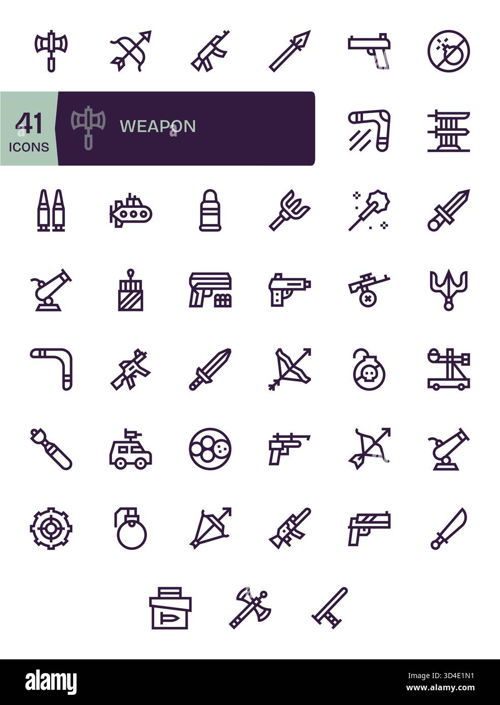 Une suite méticuleusement conçue de 41 icônes Bold Line centrées sur l'arme, parfaite pour les applications modernes. Illustration de Vecteur