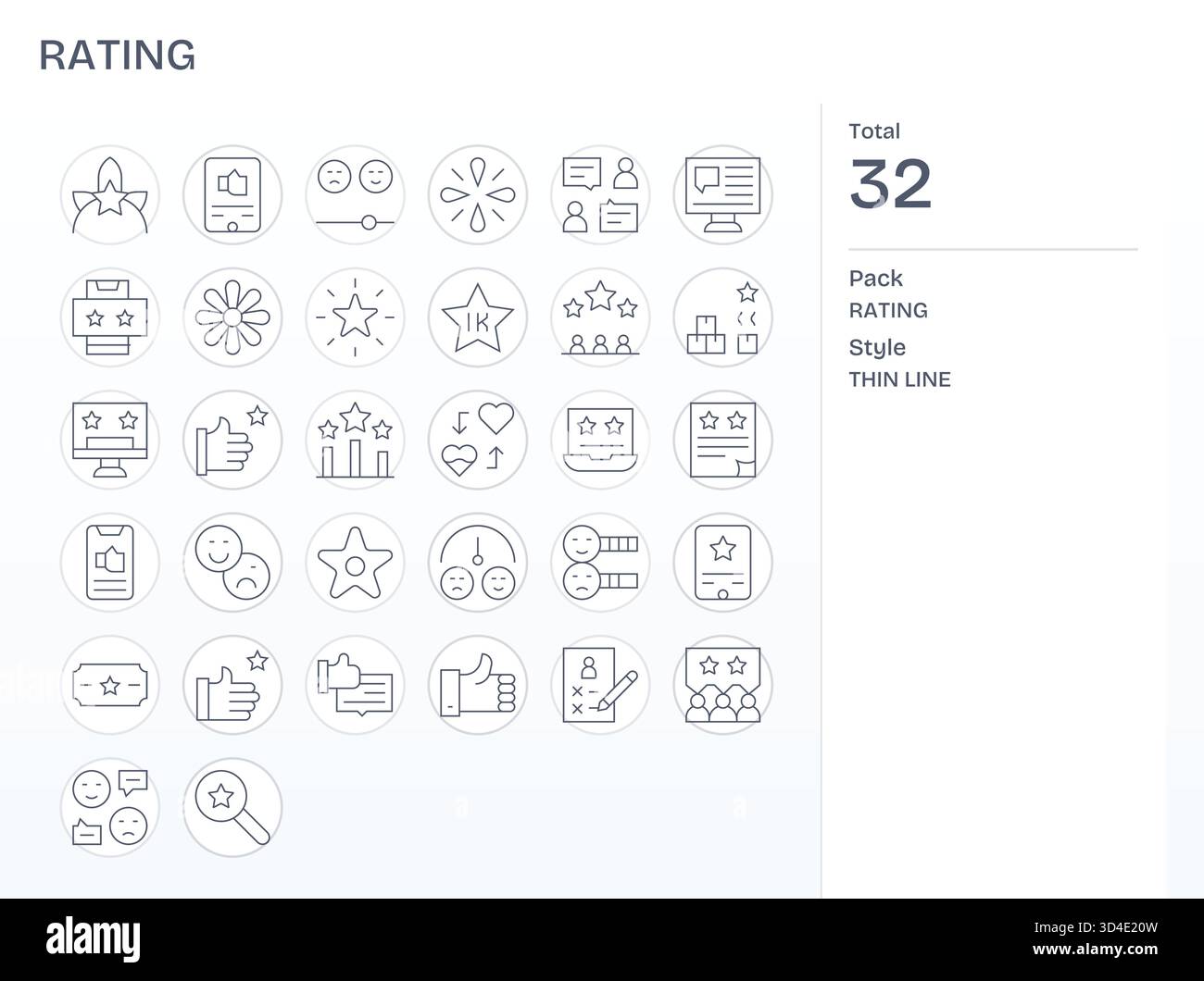 Un mélange équilibré de 32 icônes Thin Line pour Rating, réglé pour une pixellisation propre. Illustration de Vecteur
