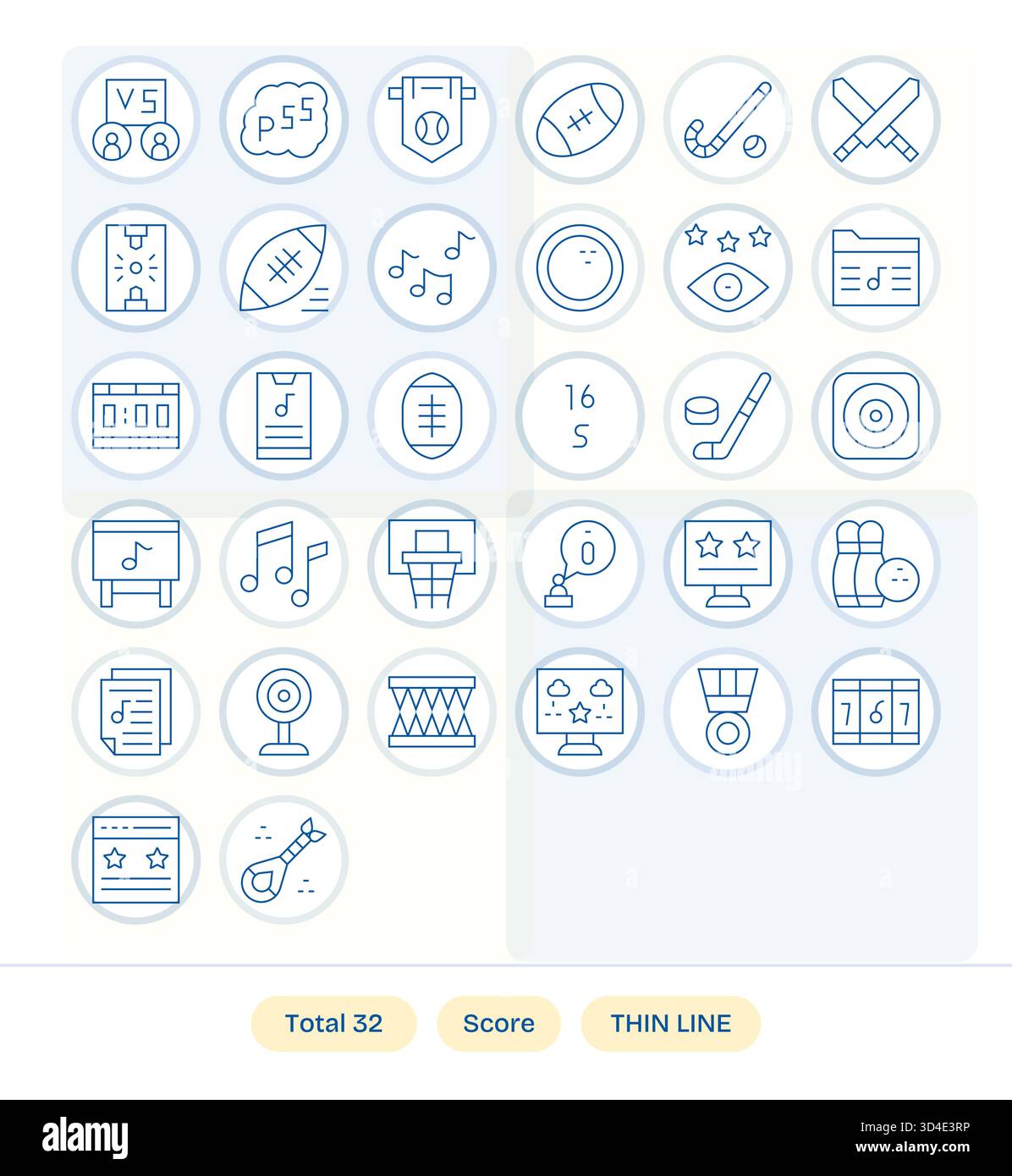 Adaptez les visuels de vos produits avec 32 icônes Thin Line inspirées par score, alignées sur la grille pour plus de précision. Illustration de Vecteur