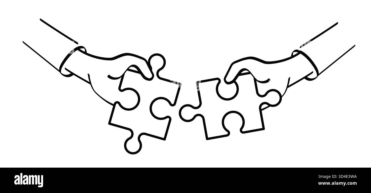 Concept de travail d'équipe, idée commerciale, collaboration. assemblage de pièces de puzzle. Icône ou pictogramme de pièces de puzzle. Deux mains essayant de connecter le couple p Banque D'Images