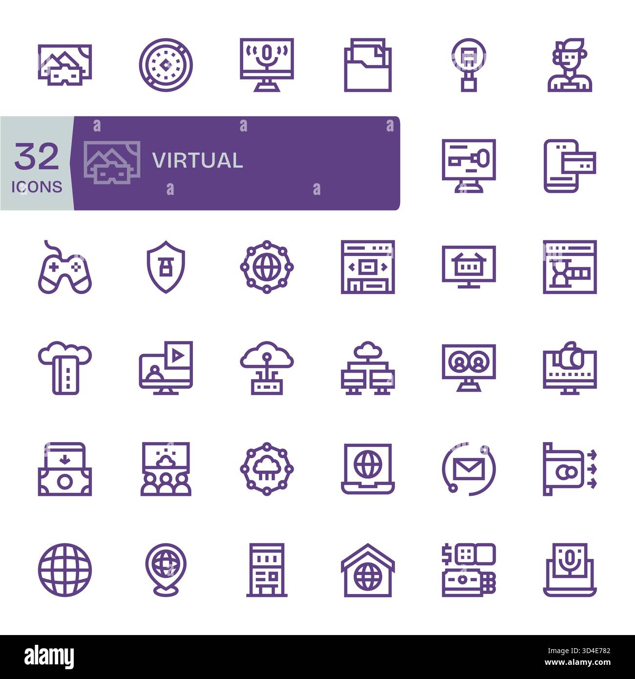 Améliorez la navigation à l'aide de 32 icônes en gras basées sur Virtual, conçues pour guider les utilisateurs. Illustration de Vecteur