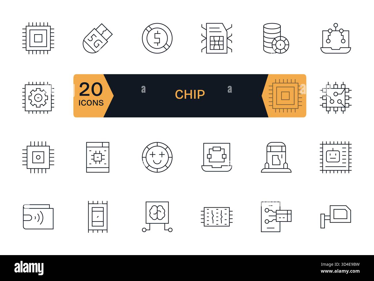 Un ensemble soigneusement réglé de 24 icônes Thin Line inspirées par Chip, idéal pour les interfaces utilisateur complexes. Illustration de Vecteur