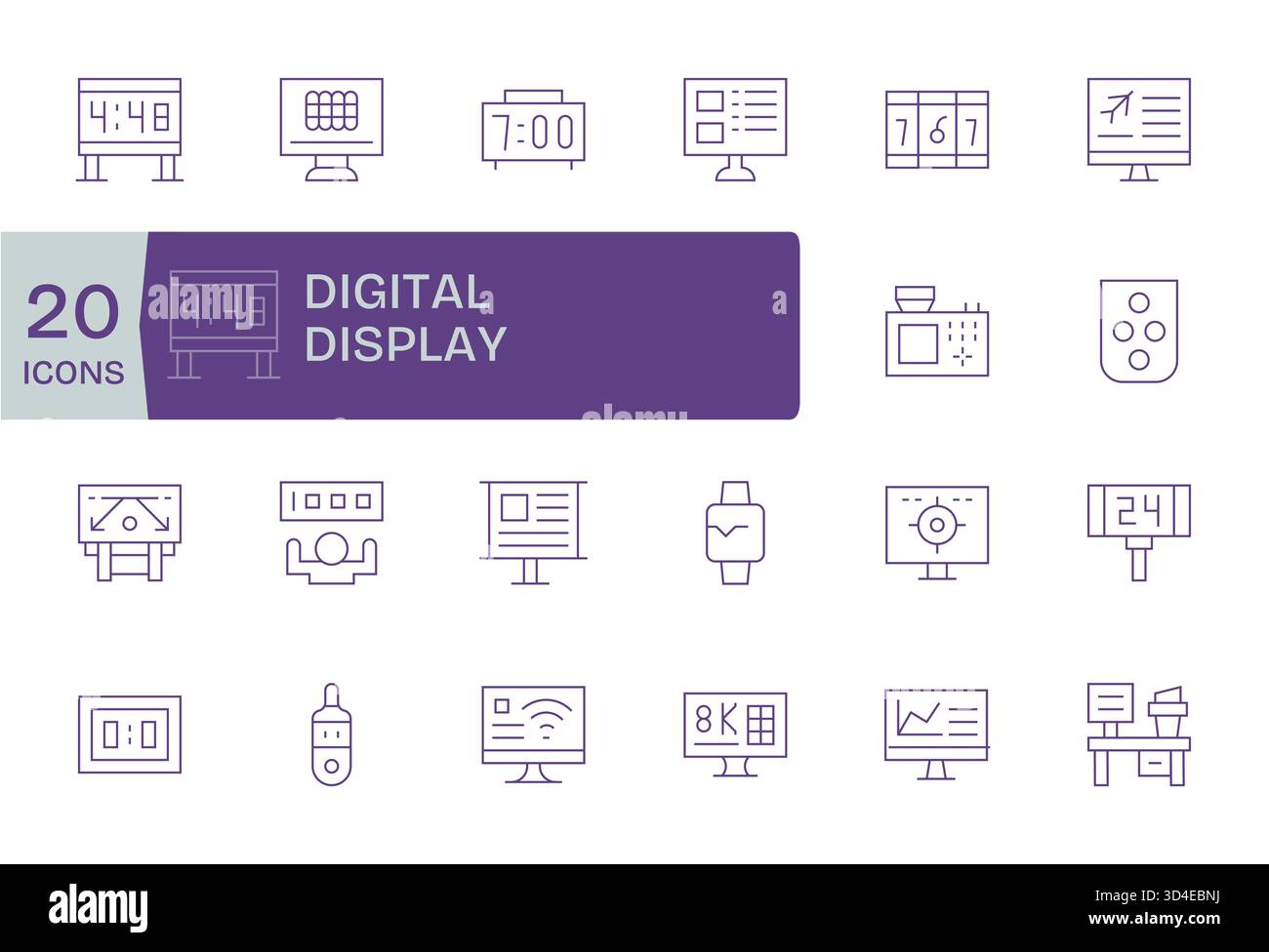 Un ensemble polyvalent et de haute qualité de 20 icônes Thin Line basé sur l'affichage numérique, prêt pour n'importe quelle pile. Illustration de Vecteur