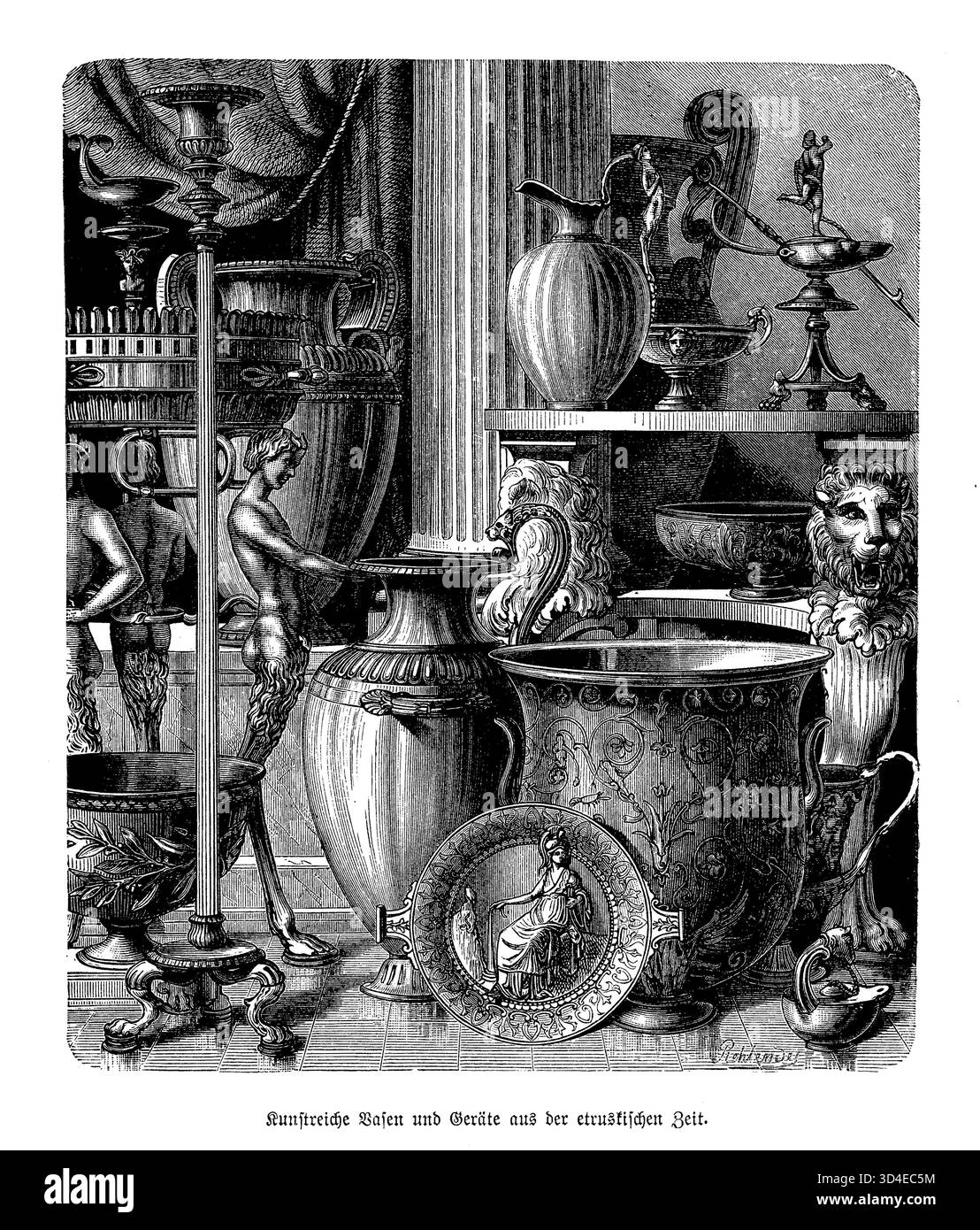 Vases étrusques et ustensiles. Poterie étrusque riche en ornement et en forme - preuve élégante de l'art et de la vie rituelle d'une civilisation italienne primitive. Banque D'Images
