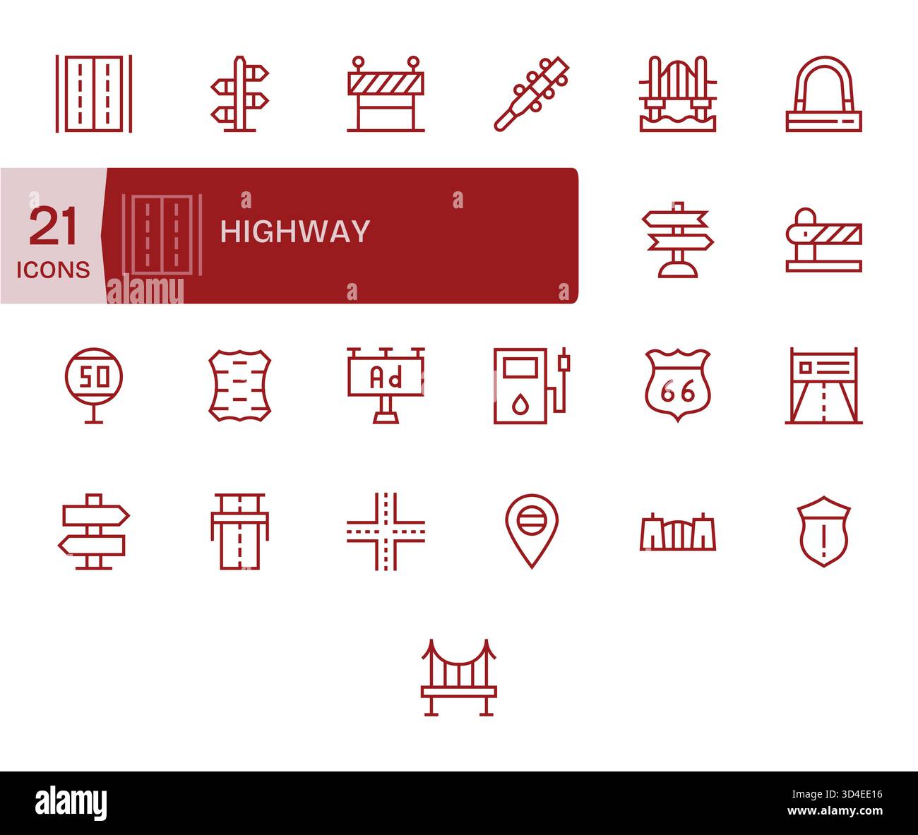 Cet ensemble de 25 icônes Regular Line capture des thèmes Highway, parfaits pour les applications technologiques et commerciales. Illustration de Vecteur