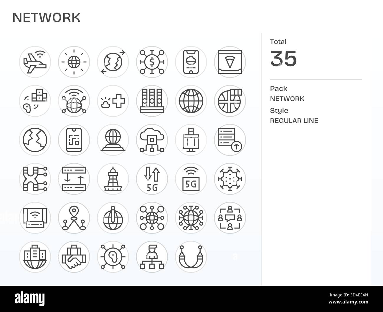 Concevez plus rapidement avec 35 icônes de ligne régulière pour le réseau, structurées pour des grilles et un espacement cohérents. Illustration de Vecteur