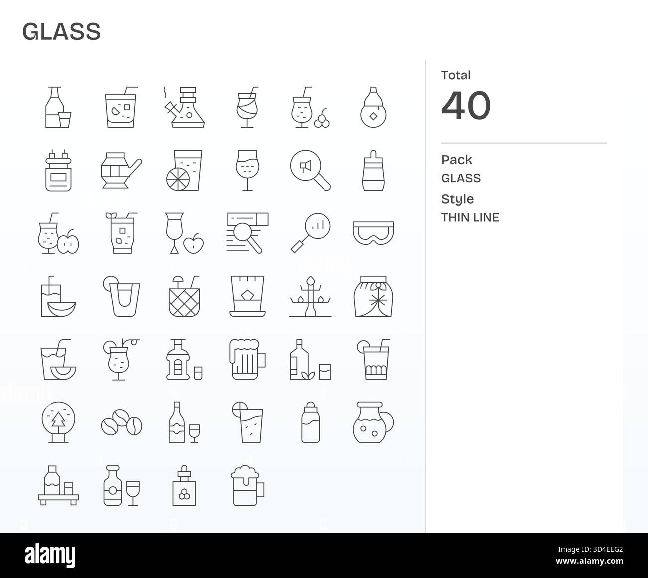 Une collection cohérente de 40 icônes Thin Line pour Glass, réglées pour des bords nets. Illustration de Vecteur